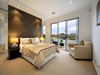 Modern bedroom design idea with carpet & bi-fold windows using black 