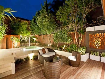 Swim spa pool design using bamboo with decking & decorative lighting ...